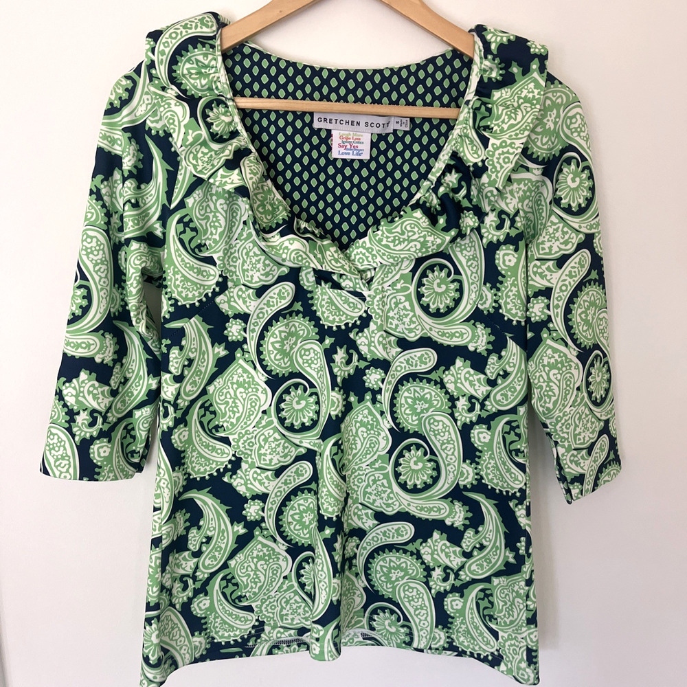 Gretchen Scott Perfectly Paisely Ruffleneck Blouse Size Small Green‎ Navy